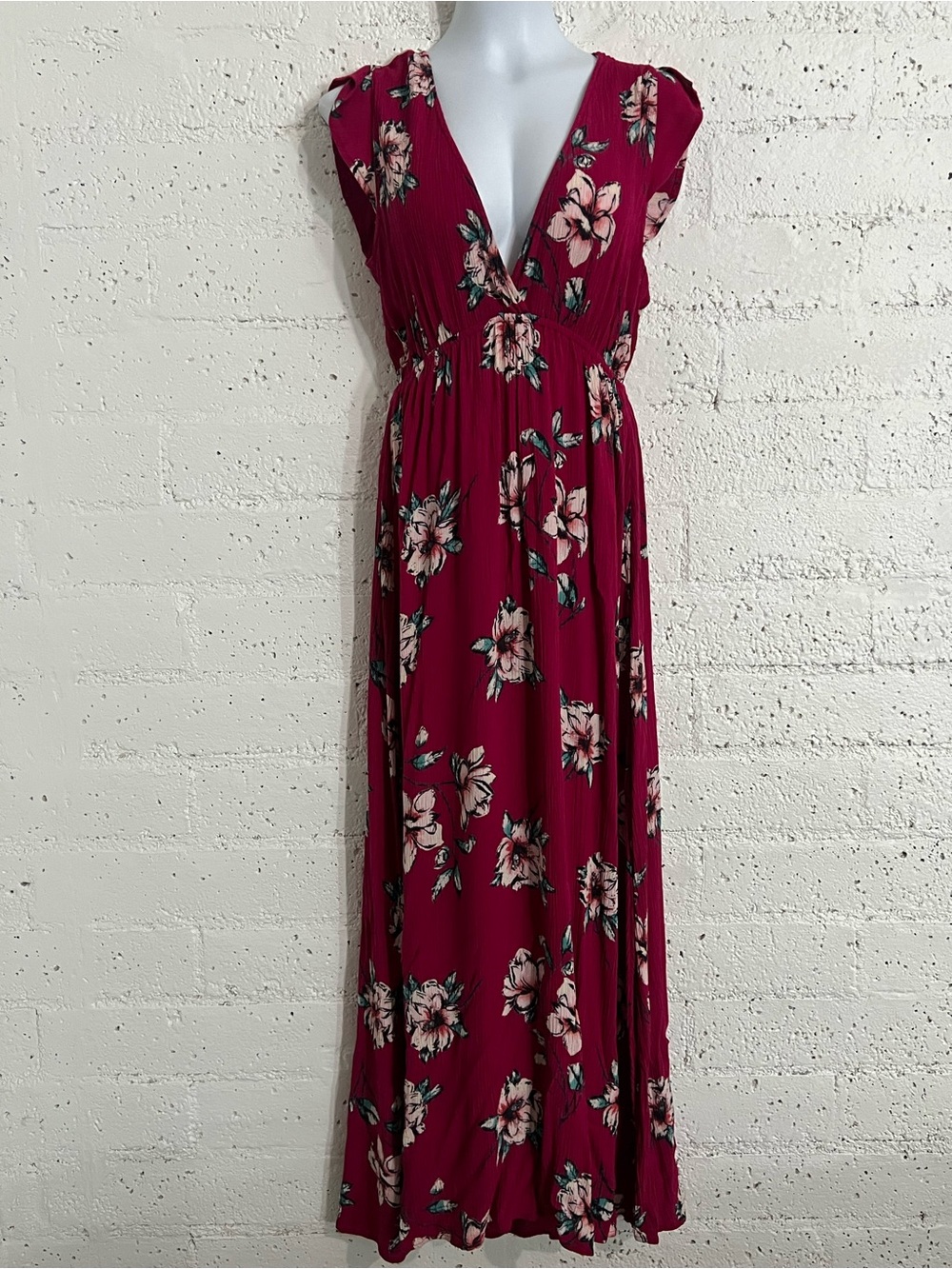 Billabong Womens Maxi Dress L Pink Floral Rayon Lace Up Back V Neck Boho E1